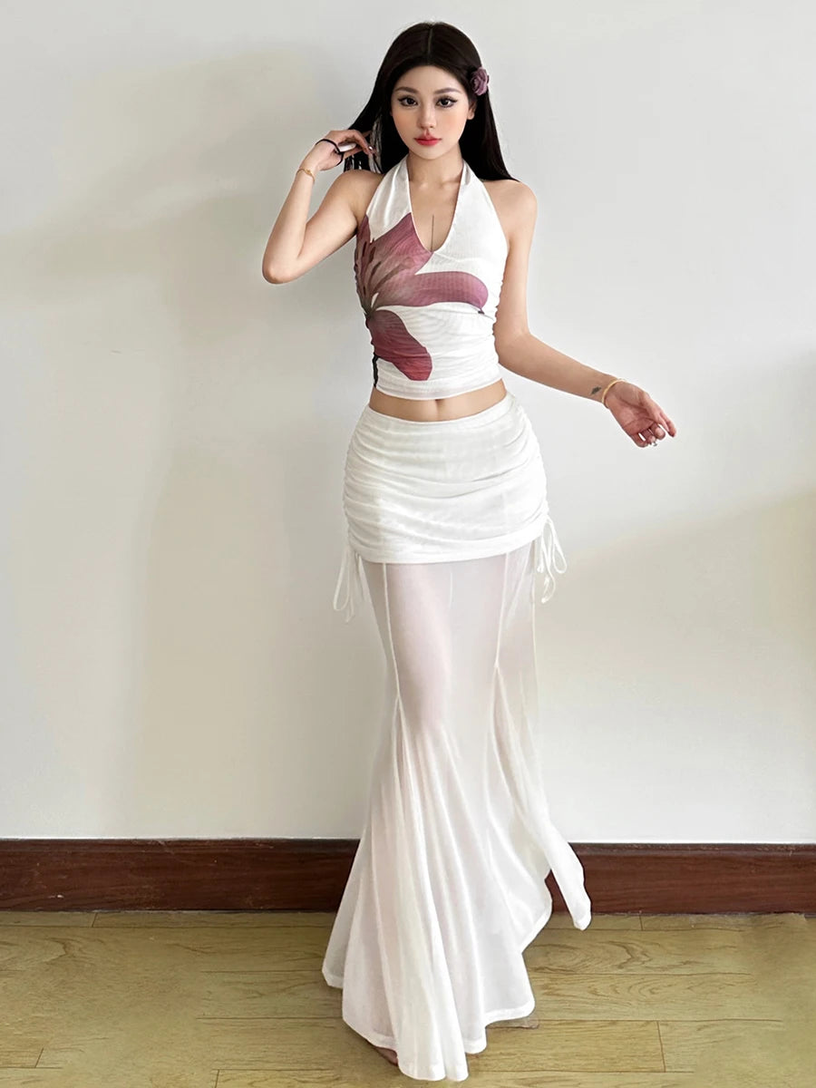 Floral Printed Vest and Skirt Set