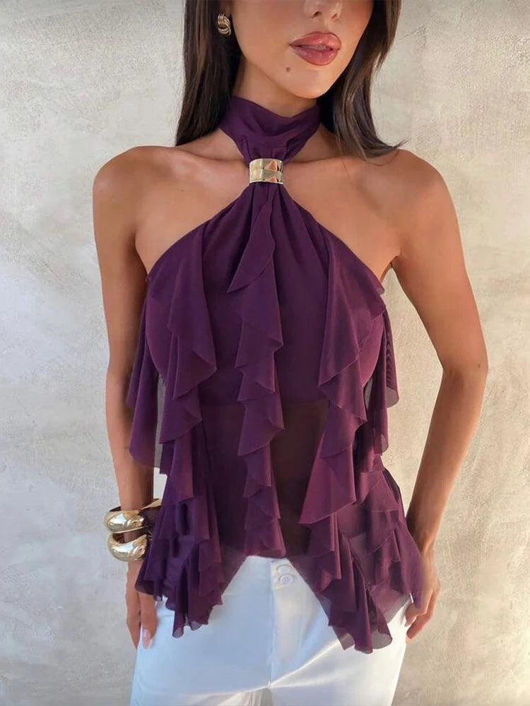 Tierred Backless Halter Patchwork Tank Top With Metal Buckle Accent Irregular Hem