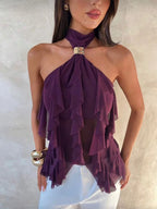 Tierred Backless Halter Patchwork Tank Top With Metal Buckle Accent Irregular Hem