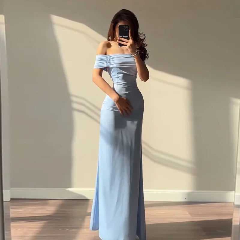 Retro Off Shoulder Satin Dress With Panel Back A Line Silhouette Long