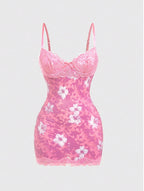 Lace Mini Dress With Spaghetti Straps High Waist Backless Retro Print