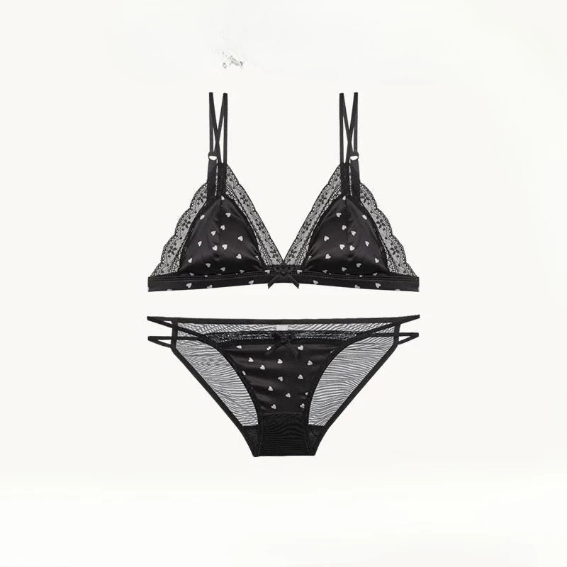 French Style Satin Lace Lingerie Set With Triangle Cups Wireless Soft Fabric Daily Wear