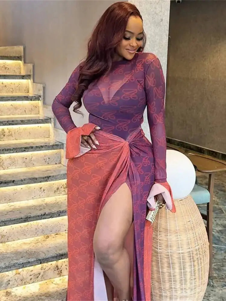 Vivid Patchwork See Through Dress With Flare Sleeves And Side Split