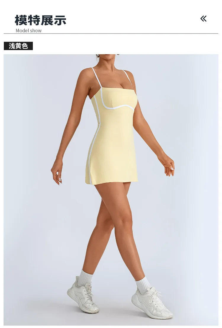 Women's Tennis Sleeveless Contrast Workout Yoga Build in Shorts Fashion Tight Fitting Skirts Suit