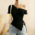 Ribbed One Shoulder Top With Asymmetrical Hem, Drawstring Ruched Detailing