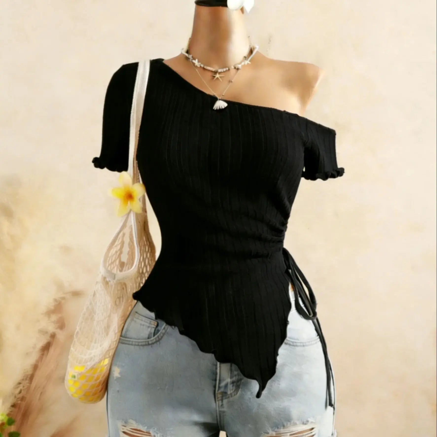 Ribbed One Shoulder Top With Asymmetrical Hem, Drawstring Ruched Detailing