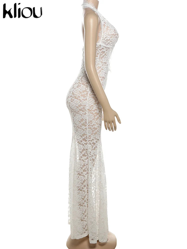 Lace Halter Long Dress Coquette Deep V Neck Ruched Trim