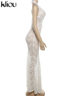 Lace Halter Long Dress Coquette Deep V Neck Ruched Trim