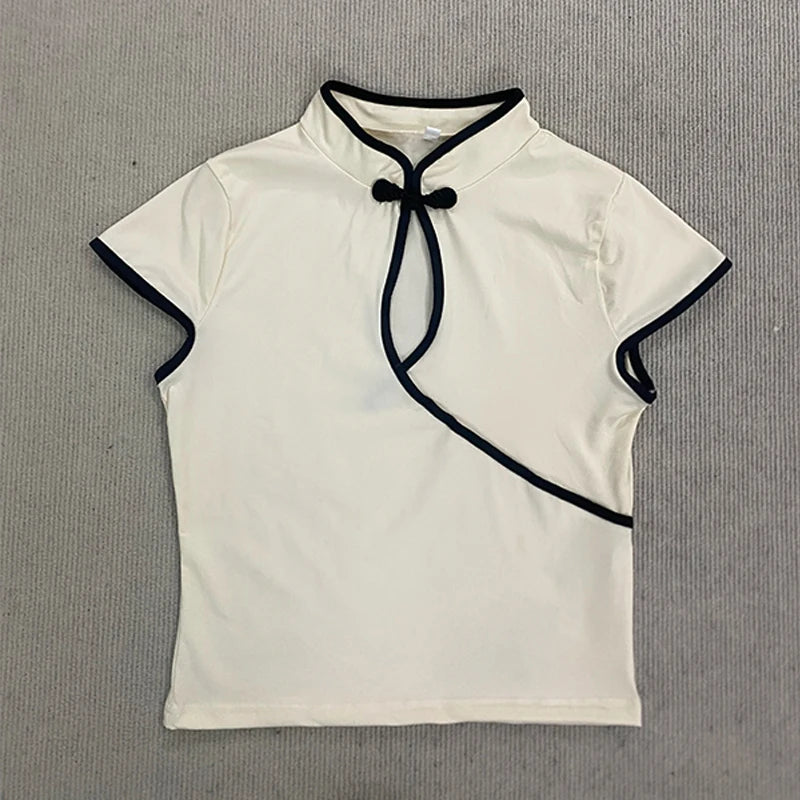 Ladies Blouse With Mandarin Collar Short Sleeve Crop Top Keyhole Frog Button Vintage Asymmetrical Design