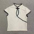 Ladies Blouse With Mandarin Collar Short Sleeve Crop Top Keyhole Frog Button Vintage Asymmetrical Design