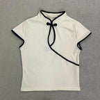 Ladies Blouse With Mandarin Collar Short Sleeve Crop Top Keyhole Frog Button Vintage Asymmetrical Design