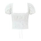 Romantic Lace Patchwork Off Shoulder Puff Sleeve Crop Top