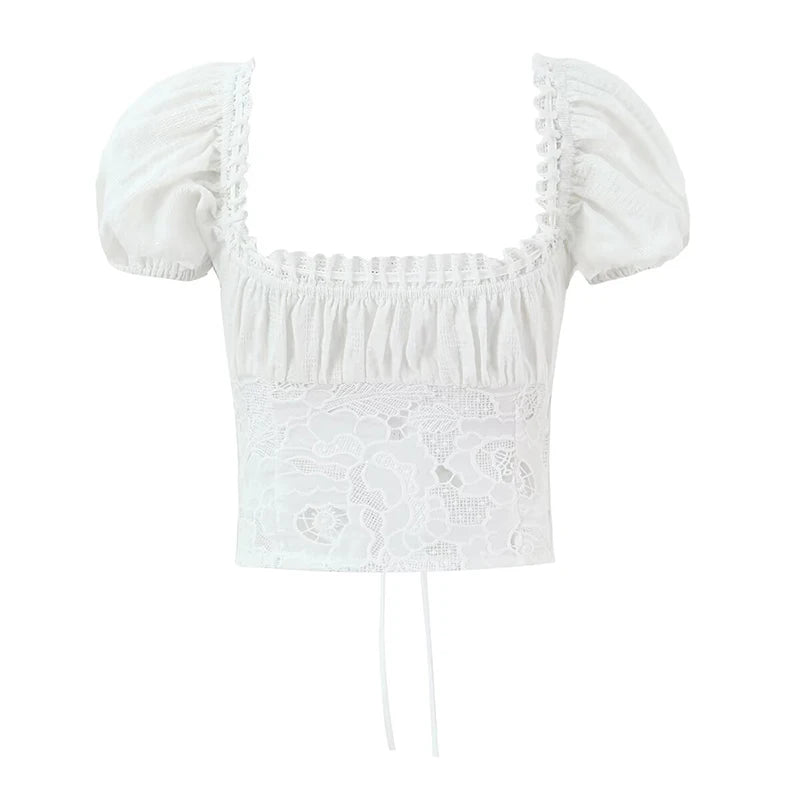 Romantic Lace Patchwork Off Shoulder Puff Sleeve Crop Top