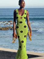 Midnight Sleeveless Knit Maxi Dress With Hollow Dot Tassel Hem