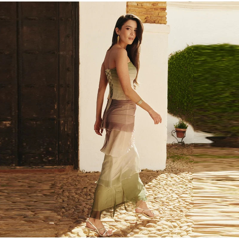 Gradient Flowy Chiffon Three Piece Set With Tube Top Tiered Skirt And Sheer Scarf