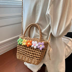 Straw Woven Shoulder Bag With Floral Details