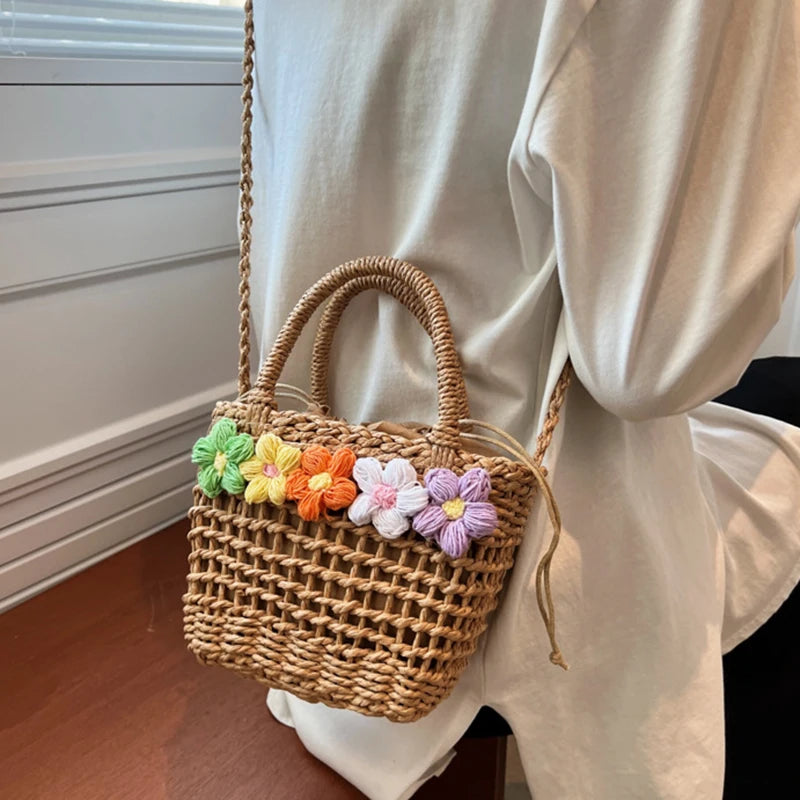 Straw Woven Shoulder Bag With Floral Details
