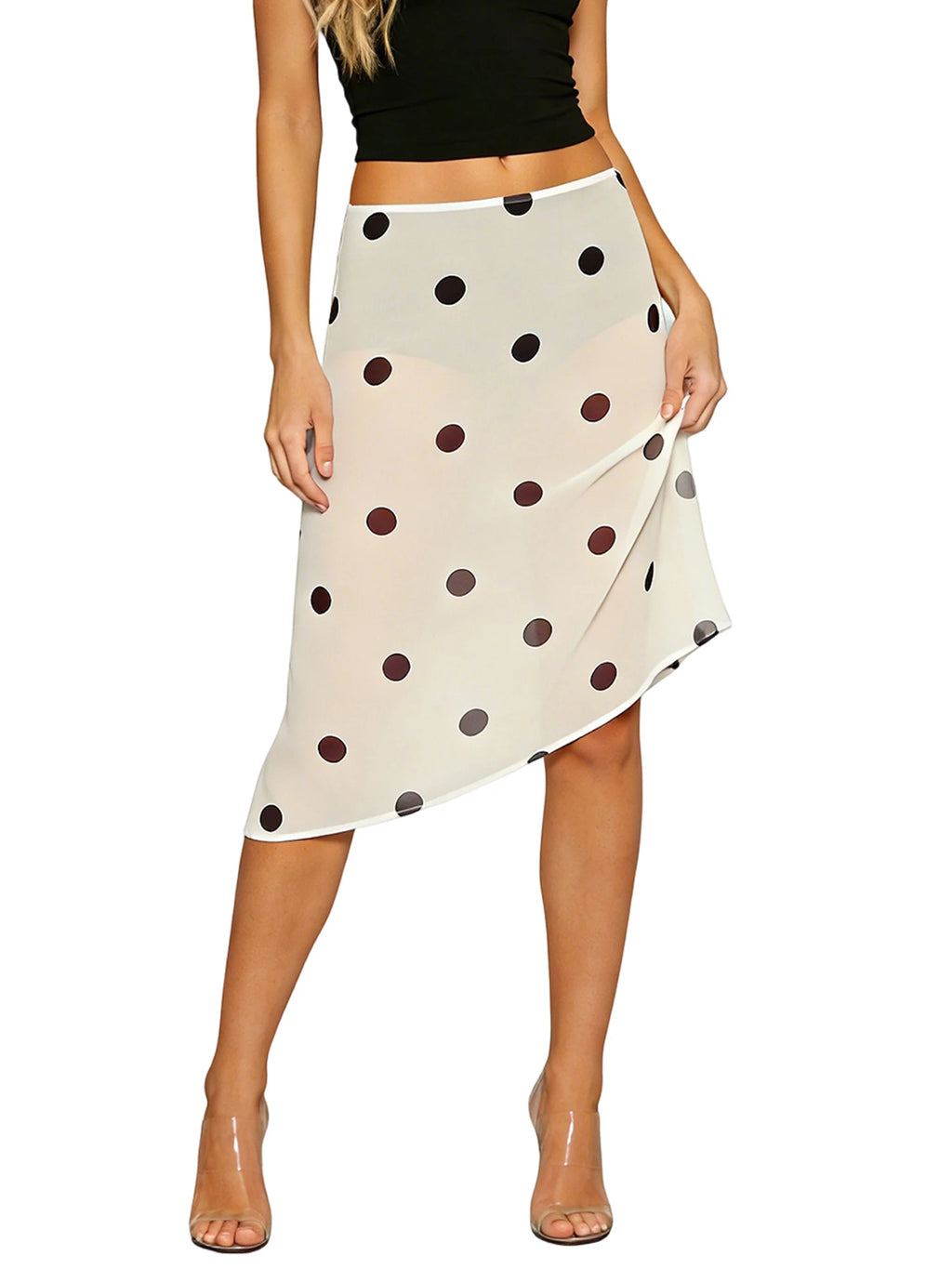 Retro Sheer Chiffon Dot Print Midi Skirt With Asymmetrical Hem