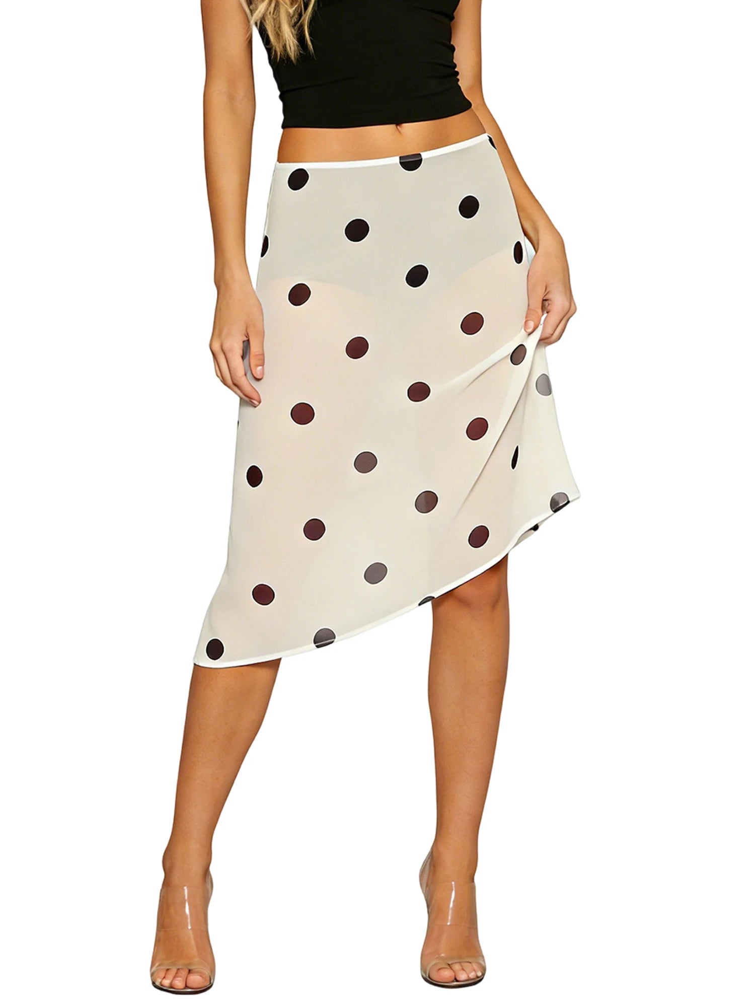 Retro Sheer Chiffon Dot Print Midi Skirt With Asymmetrical Hem