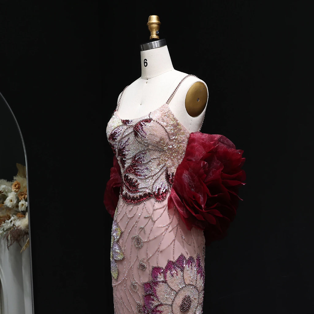 Elegant Pink Floral Beaded Evening Dress With Burgundy Shawl Cape For Women Party Gown