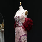 Elegant Pink Floral Beaded Evening Dress With Burgundy Shawl Cape For Women Party Gown