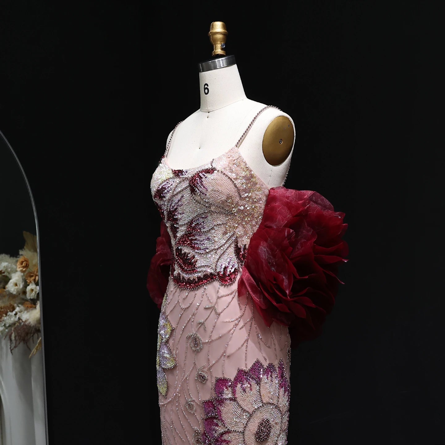 Elegant Pink Floral Beaded Evening Dress With Burgundy Shawl Cape For Women Party Gown