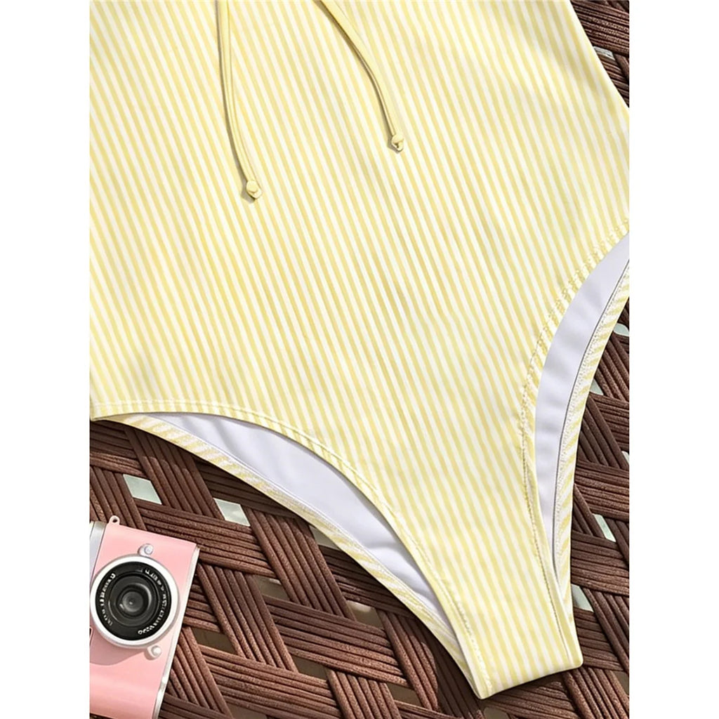 Striped Plaid V Neck  One Piece Swimsuit Female Frilled High Leg Cut Padded