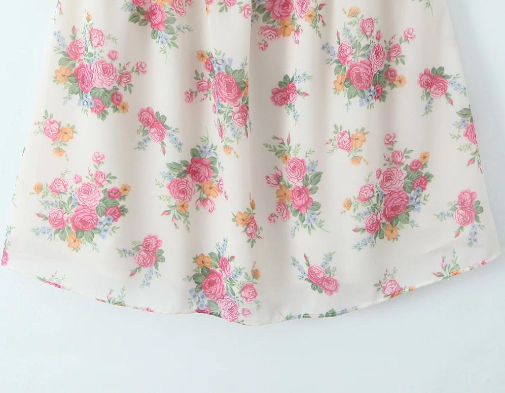 Contrast Color Floral Print Sling Mini V neck Spliced Chest Push Up Back Backless Short Dress