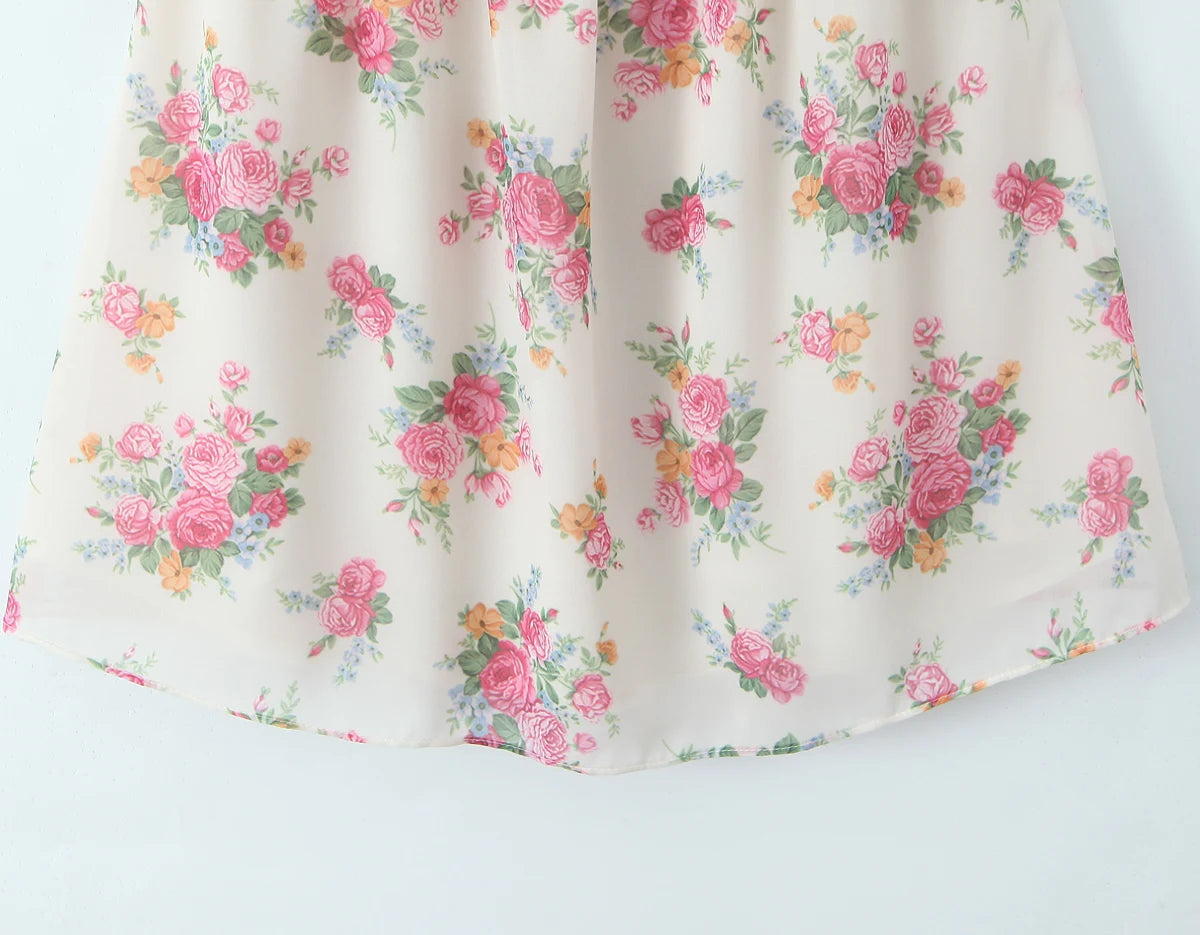 Contrast Color Floral Print Sling Mini V neck Spliced Chest Push Up Back Backless Short Dress