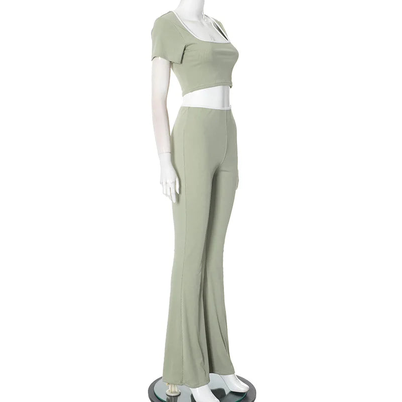 Sexy Slim Two Piece Set For Women Short Sleeve Square Collar Top High Waist Pants