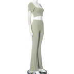 Sexy Slim Two Piece Set For Women Short Sleeve Square Collar Top High Waist Pants