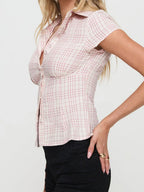Vintage Plaid Button Down Shirt For Women Short Sleeve Blouse