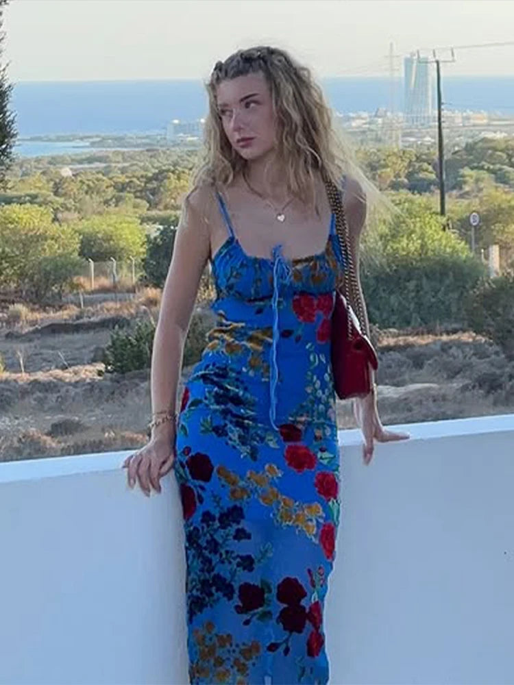 Retro Floral Lace Up Backless Maxi Dress