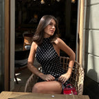 Elegant Off Shoulder Polka Dot Mini Dress Sleeveless Backless High Waist