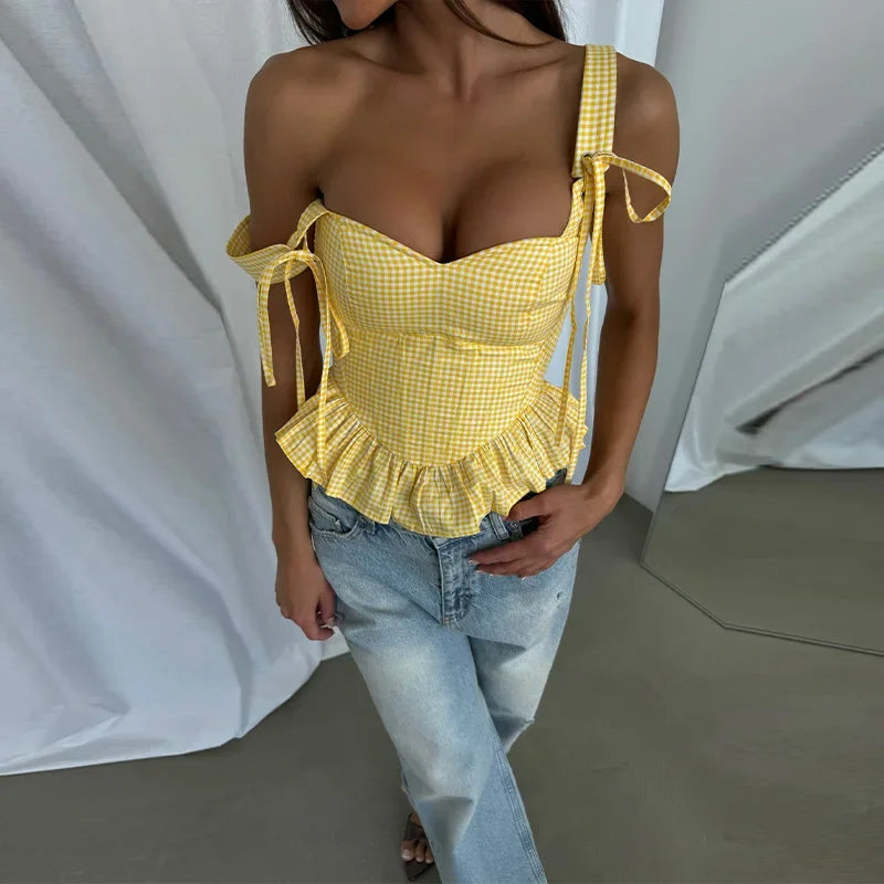 Sunny Plaid Sling Top With Ruffles V Neck Sleeveless