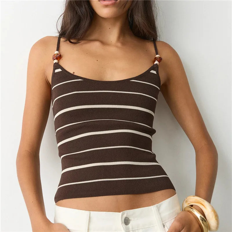 Bead Front Spaghetti Strap Cami Top Casual Sleeveless Crop Top Slim Fit