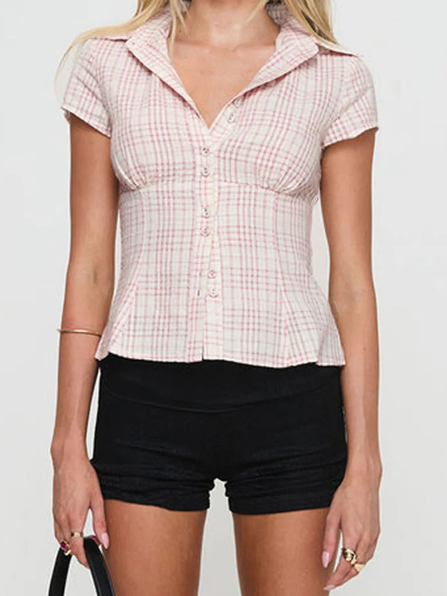 Vintage Plaid Button Down Shirt For Women Short Sleeve Blouse