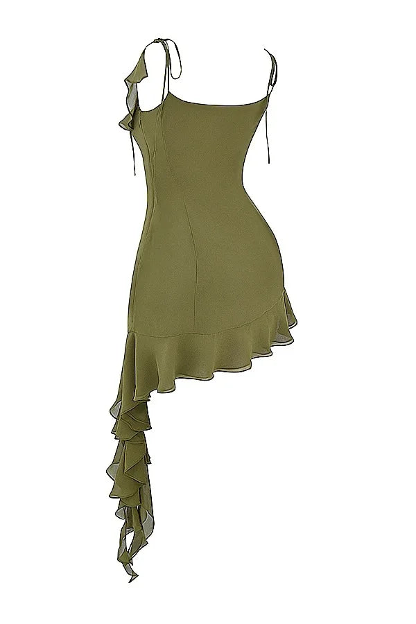 French Vintage Flounce Strap Dress with Irregular Bottom Hem Ribbon