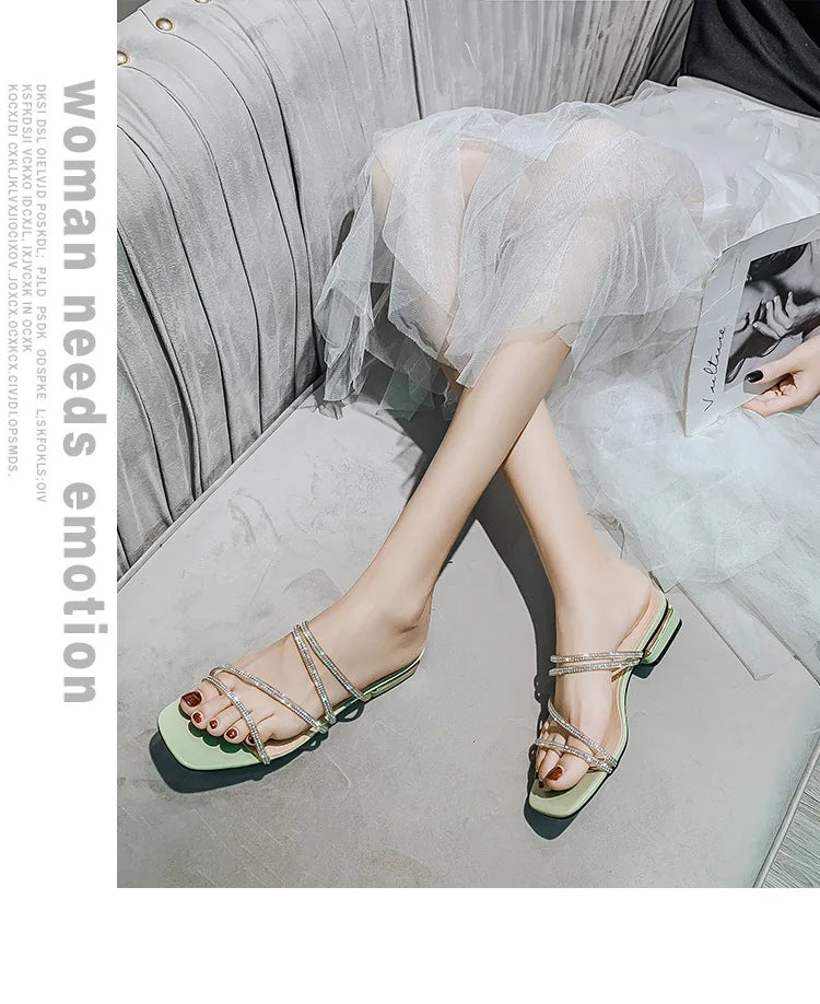 Crystal Rhinestone Clear Strap Sandals With Low Heel