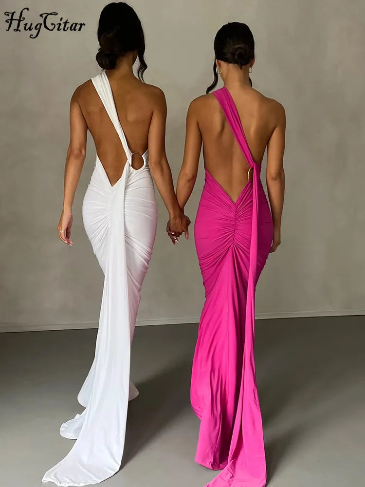 One Shoulder Backless Ruched Dress