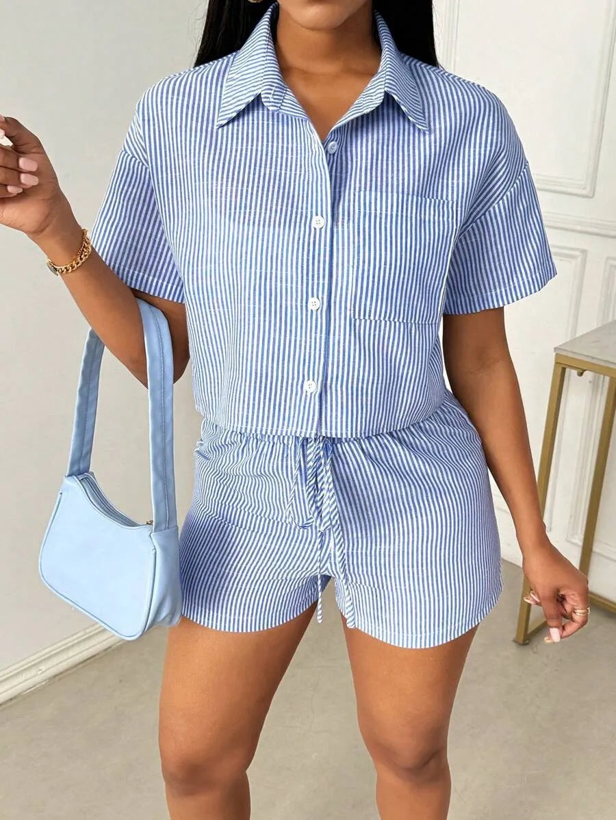 Striped Lapel Shirt And Shorts Two Piece Set