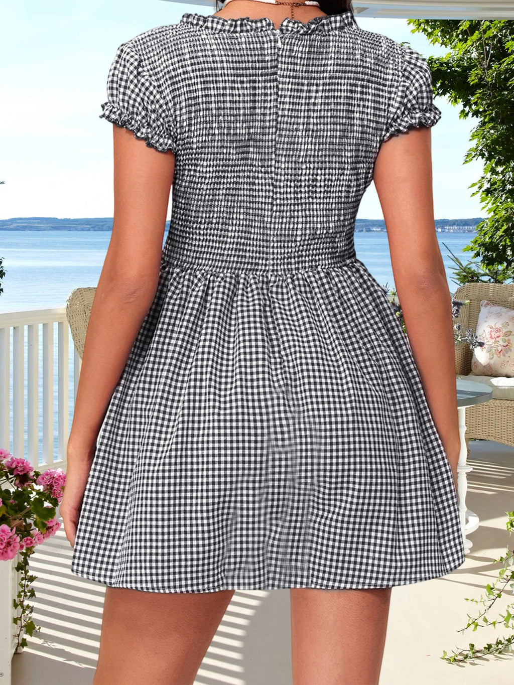 Plaid Bow Mini Dress With V Neck And Short Sleeves