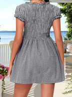 Plaid Bow Mini Dress With V Neck And Short Sleeves