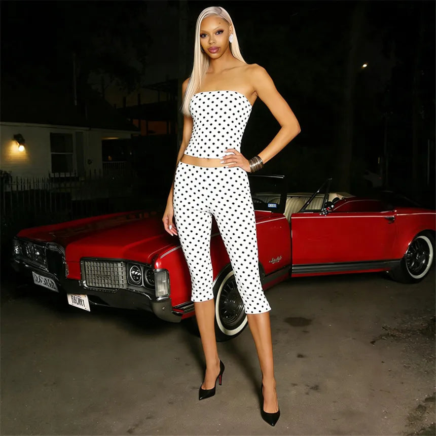 Vintage Polka Dot Two Piece Set Strapless Tube Top And Capri Pants