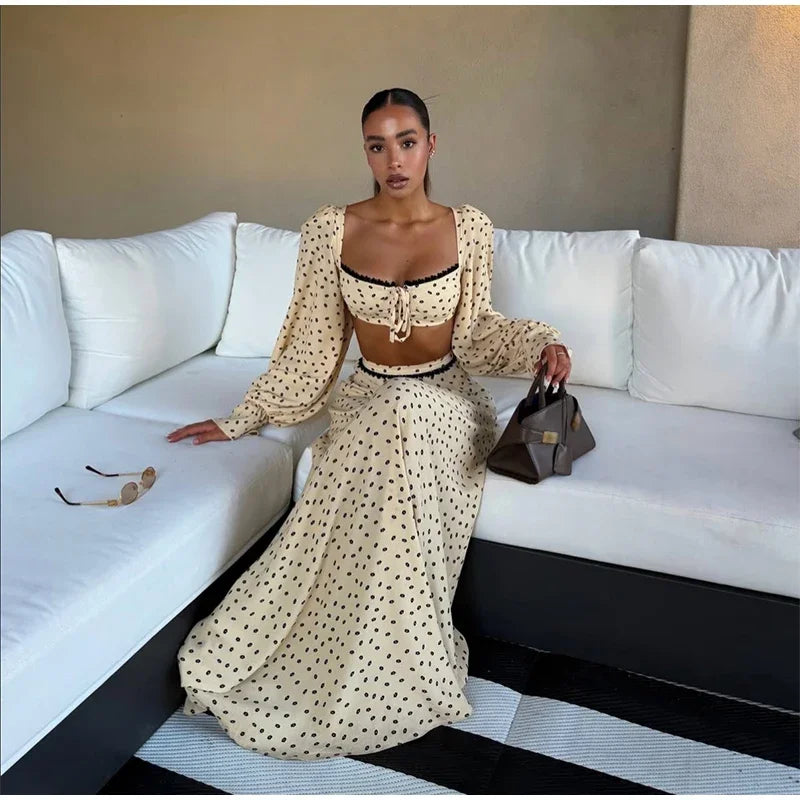 Polka Dot Square Collar Crop Top And High Waist Maxi Skirt Set Outfit