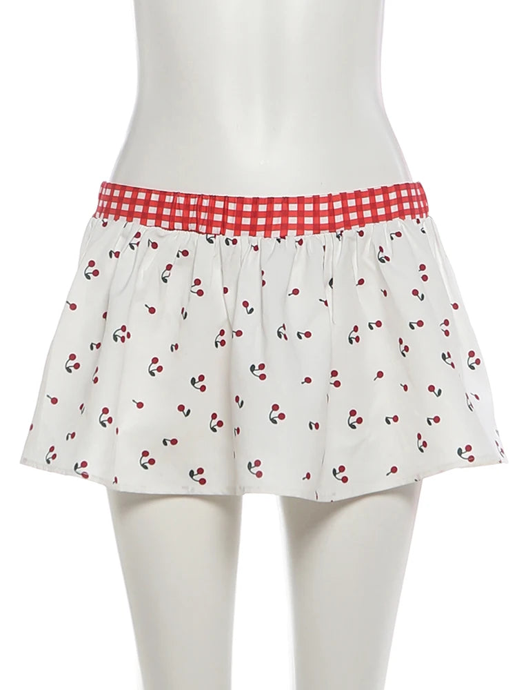 Cherry Plaid Y2K Backless Crop Top Skirt Set