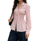 Smocked Long Sleeve Solid Color Collared Button Up Shirts