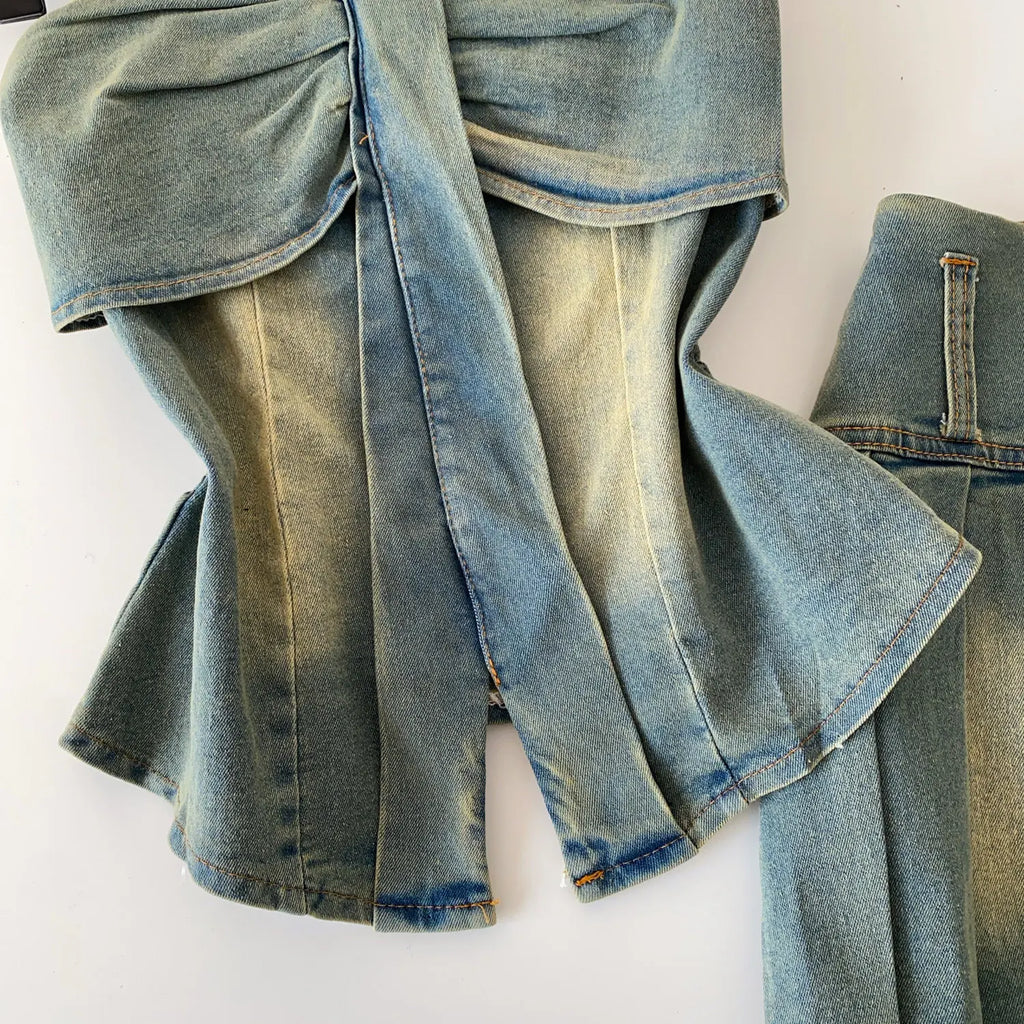Denim Set With Sleeveless Cami Top And Mini Skirt Slim Fit Zipper