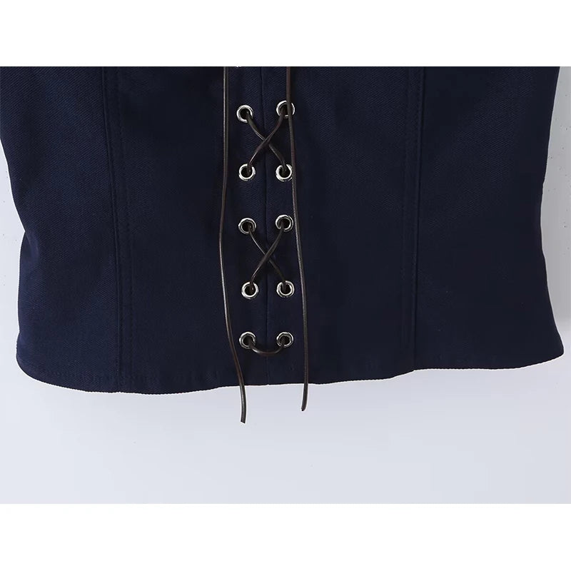 Women's Navy Blue Bustier Blouse With White Patchwork Lace-Up Front