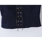 Women's Navy Blue Bustier Blouse With White Patchwork Lace-Up Front